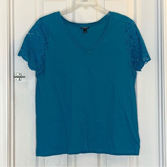 Torrid V Neck Lace Sleeve Raglan Top - Teal color Size Large - Picture 8 of 10